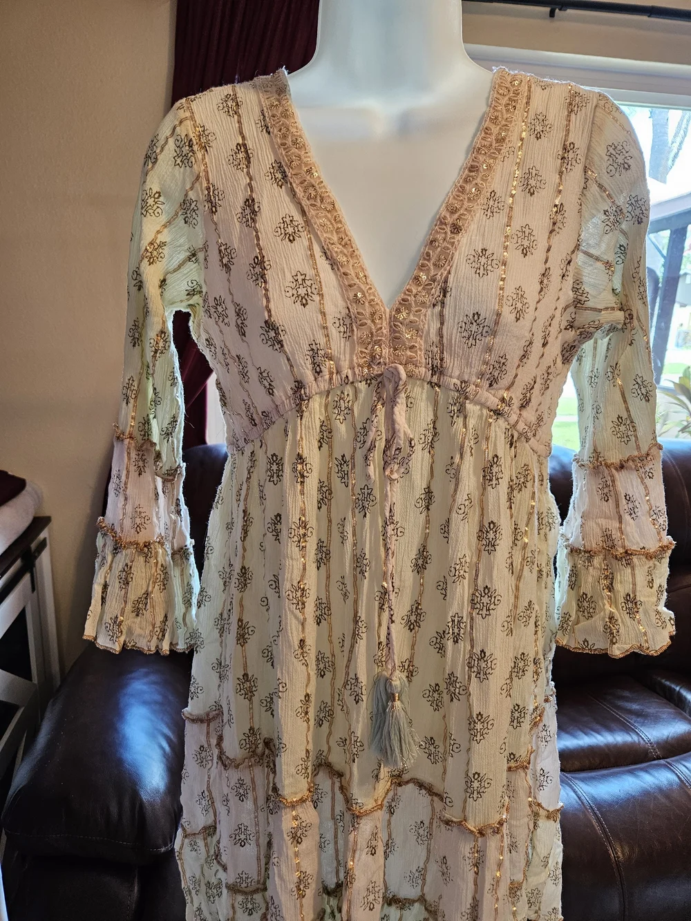 Ananta Boho Tiered Floral V-Neck Dress in Cream and Blush
